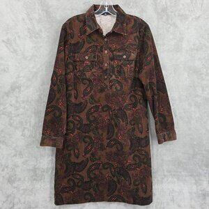 Chadwicks Corduroy Paisley Popover Shift Dress 10 Brown Long Sleeve Retro Mod